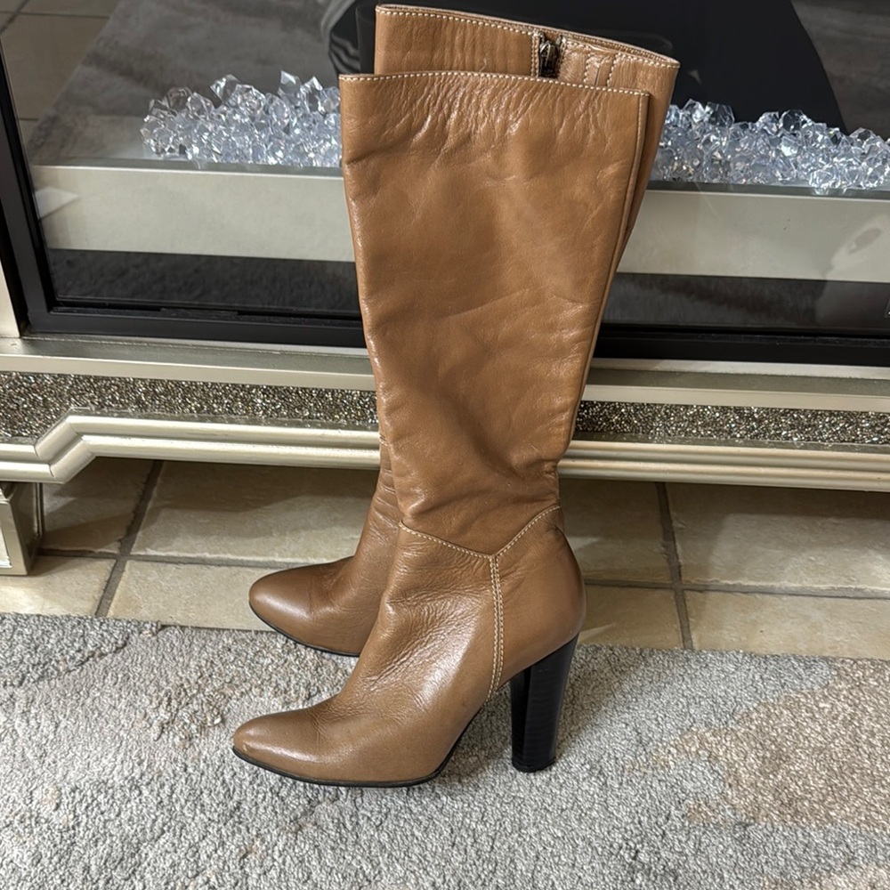 Tan Heeled Knee-High Boots with Pointed Toe, 9